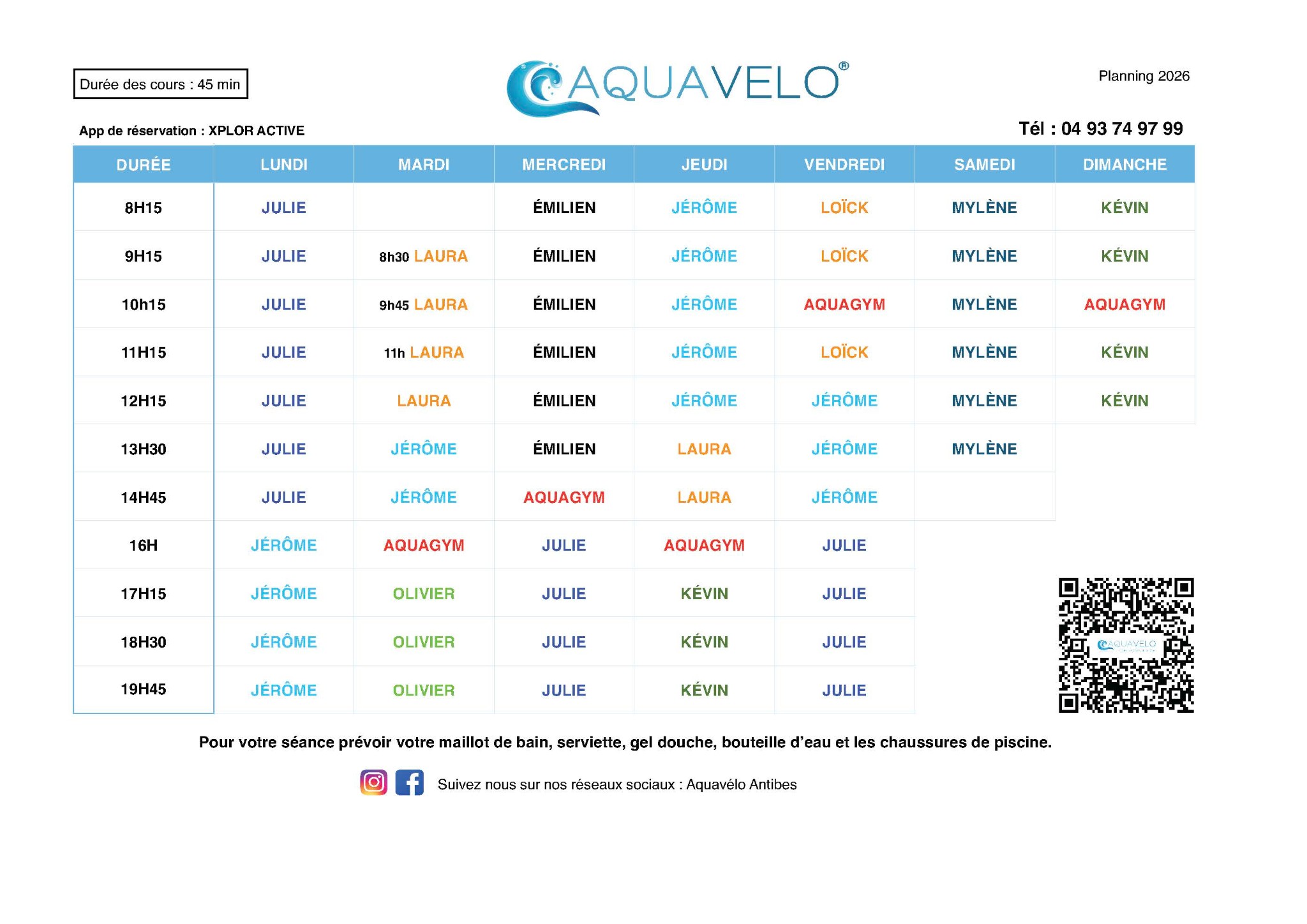 Planning hebdomadaire cours aquabiking aquagym Antibes